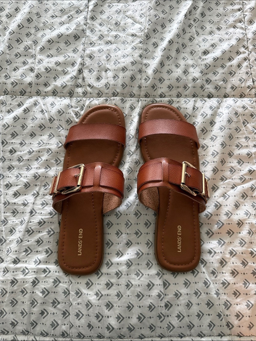 Lands' End Cognac Double-Band Buckle Slide Sandals
